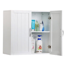 Load image into Gallery viewer, Shop for white wall mounted wooden kitchen cabinet bathroom shelf laundry mudroom garage toiletries medicines tools storage organizer cupboard unit ample storage space solid construction stylish modern design