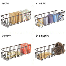 Load image into Gallery viewer, Try mdesign metal farmhouse kitchen pantry food storage organizer basket bin wire grid design for cabinets cupboards shelves countertops holds potatoes onions fruit long 4 pack bronze