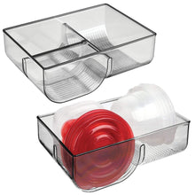Load image into Gallery viewer, Organize with mdesign food storage container lid holder 3 compartment plastic organizer bin for organization in kitchen cabinets cupboards pantry shelves 2 pack smoke gray