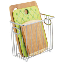 Load image into Gallery viewer, Exclusive mdesign metal farmhouse kitchen pantry food storage organizer basket bin wire grid design for cabinets cupboards shelves countertops holds potatoes onions fruit medium 2 pack chrome