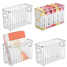 Load image into Gallery viewer, Budget mdesign metal farmhouse kitchen pantry food storage organizer basket bin wire grid design for cabinets cupboards shelves countertops holds potatoes onions fruit small 4 pack chrome