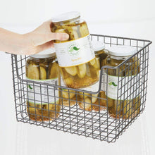 Load image into Gallery viewer, Selection mdesign metal kitchen pantry food storage organizer basket farmhouse grid design with open front for cabinets cupboards shelves holds potatoes onions fruit 12 wide 8 pack graphite gray