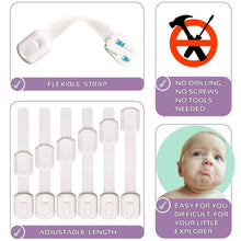 Load image into Gallery viewer, Exclusive baby proofing safety cabinet locks child proof latches for drawer cupboard dresser doors closet oven refrigerator adjustable childproof straps by oxlay white 6 pack