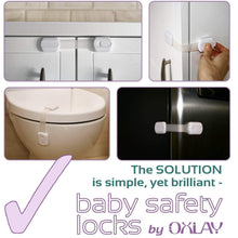 Load image into Gallery viewer, Explore baby proofing safety cabinet locks child proof latches for drawer cupboard dresser doors closet oven refrigerator adjustable childproof straps by oxlay white 6 pack