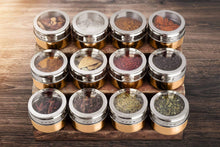 Load image into Gallery viewer, Exclusive stainless steel magnetic spice jars bonus measuring spoon set airtight kitchen storage containers stack on fridge to save counter cupboard space 36pc organizers in gold