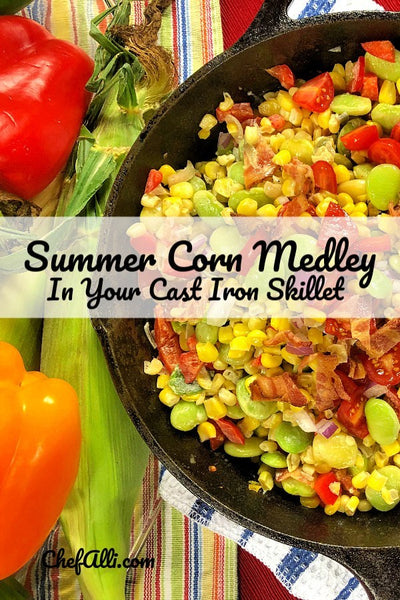 Cajun Sweet Corn Medley (aka succotash in the deep South) is a traditional summer side dish that combines sweet corn and vegetables with BACON to make a tasty and colorful addition to any meal