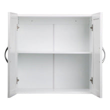 Load image into Gallery viewer, Shop here white wall mounted wooden kitchen cabinet bathroom shelf laundry mudroom garage toiletries medicines tools storage organizer cupboard unit ample storage space solid construction stylish modern design