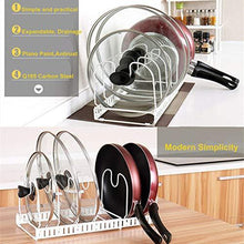 Load image into Gallery viewer, Budget advutils expandable pots and pans organizer rack for cabinet holds 7 pans lids to keep cupboards tidy adjustable bakeware rack for kitchen and pantry