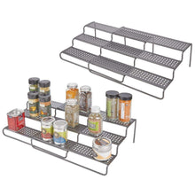 Load image into Gallery viewer, Products mdesign adjustable expandable kitchen wire metal storage cabinet cupboard food pantry shelf organizer spice bottle rack holder 3 level storage up to 25 wide 2 pack graphite gray