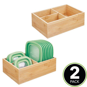 Heavy duty mdesign bamboo wood kitchen storage bin organizer for food container lids and covers use in cabinets pantries cupboards large divided organizer with 3 sections 2 pack natural