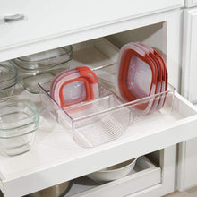 Load image into Gallery viewer, Organize with mdesign food storage container lid holder 3 compartment plastic organizer bin for organization in kitchen cabinets cupboards pantry shelves clear