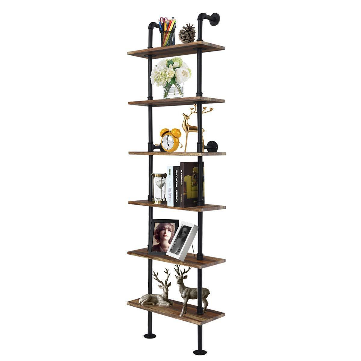 Giantex 6 Tier Industrial Pipe Shelves with Wood, Rustic Wall Shelves Vintage Pipe Wall Shelf for Bedrooms, Kitchens Coffee Shops or Bar Storage (Pickles Wood Grain)