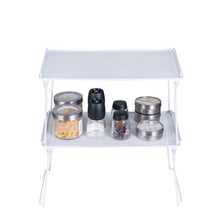 Load image into Gallery viewer, Order now 2 pack stackable kitchen cabinet and counter shelf organizer spice jars bottle standing shelf holder rack wire metal cupboard food pantry shelf organizer white