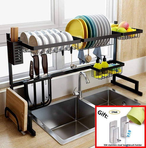 Dish Drainer Rack Holder Black Stainless Steel Kitchen Rack Sink Sink Dish Rack Drain Bowl Rack Dish Rack Kitchen Supplies Storage Rack, 95cm