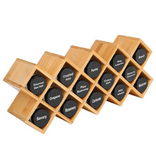 Load image into Gallery viewer, Top rated criss cross 18 jar bamboo countertop spice rack organizer kitchen cabinet cupboard wall mount door spice storage fit for round and square spice bottles free standing for counter cabinet or drawers