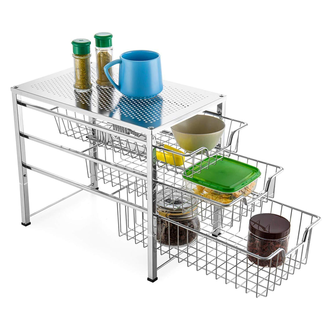 Bextsware Cabinet Basket Organizer with 3 Tier Wire Grid Sliding Drawer, Multi-Function Stackable Mesh Storage Organizer for Kitchen Counter, Desktop,Bathroom, Under Sink(Chrome)