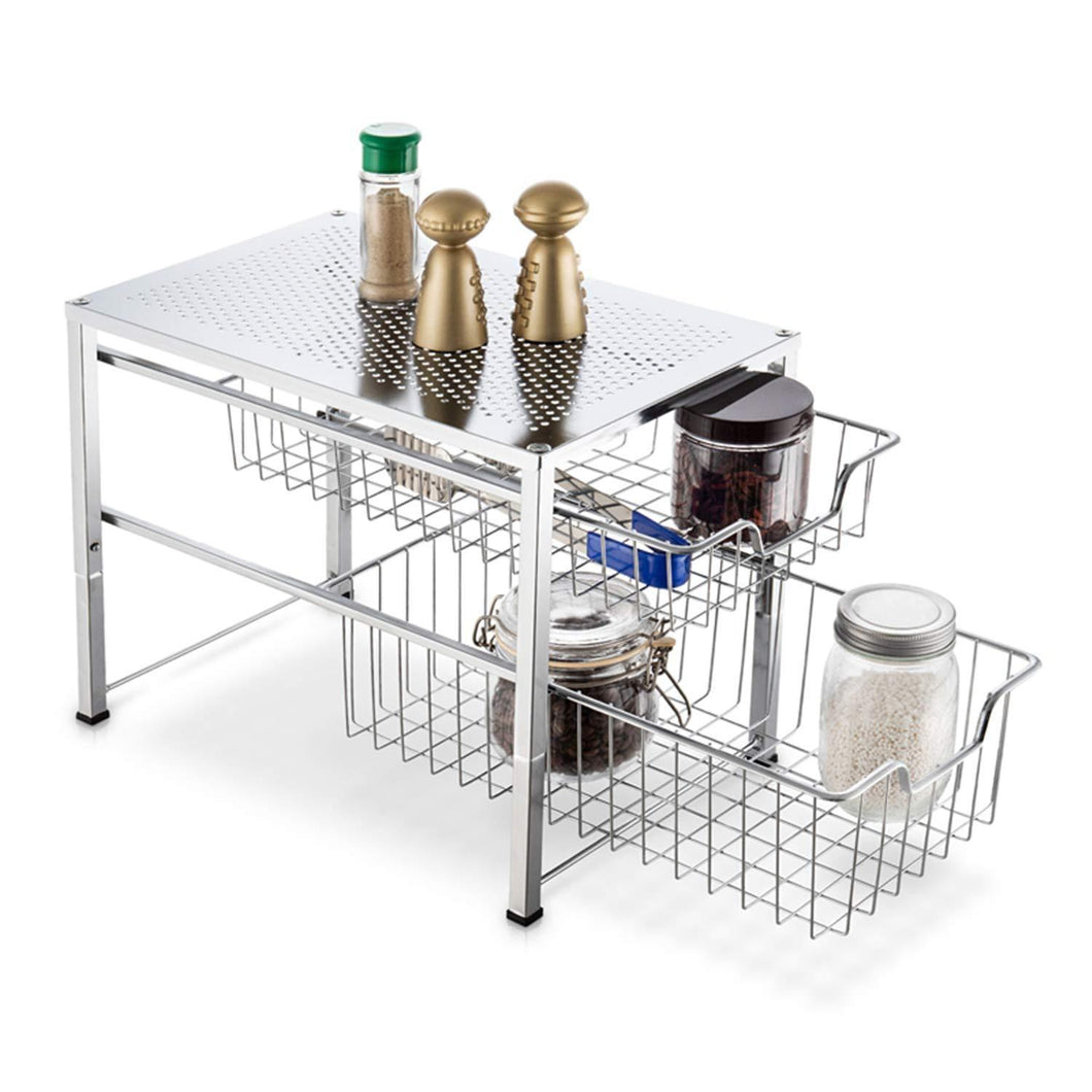 Bextsware Under Sink Cabinet Organizer with 2 Tier Wire Grid Sliding Drawer, Multi-Function Stackable Mesh Storage Organizer for Kitchen Counter, Desktop, Bathroom(Chrome)